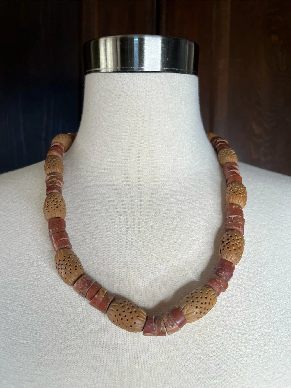 Vintage Clay Bead Statement Necklace Chunky Unique Jewelry Tribal Earthy Boho